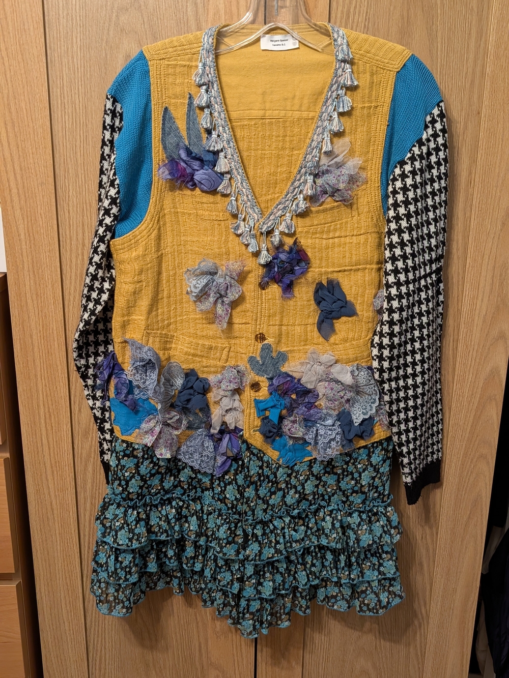 Patchwork Tassel-Trim Floral Applique Sweater Cardigan - Mustard & Teal